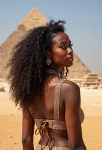 woman in Cairo with the Pyramids of Giza in the background