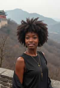 woman in Beijing with the Great Wall in the background