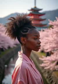 woman in Japan with Japanese Cherry Blossom Trees and Japanese temples in background