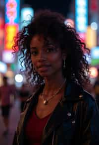 woman in Tokyo at night with neon lights