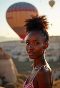 Breathtakingly woman with hot air balloons in the background in cappadocia, Türkiye. Cappadocia, Turkey