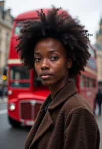 woman in London with Double Decker Bus in background