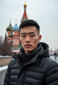 man in Moscow with the Kremlin in the background