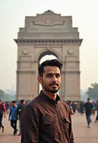 man in Delhi with the India Gate in the background