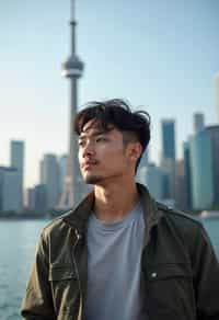 man in Toronto with the CN Tower in the background