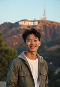 man in Los Angeles with the Hollywood sign in the background