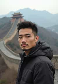 man in Beijing with the Great Wall in the background