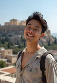 man in Athens with the Acropolis in the background