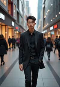 man in Seoul in Gangnam in Cheongdamdong Luxury Shopping street. stores visible in background