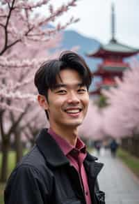 man in Japan with Japanese Cherry Blossom Trees and Japanese temples in background