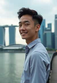 man in Singapore with Marina Bay Sands in background