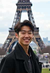 man in Paris with the Eiffel Tower in background