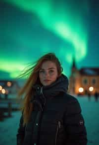 woman in Reykjavik with the Northern Lights in the background