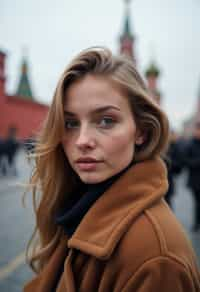 woman in Moscow with the Kremlin in the background