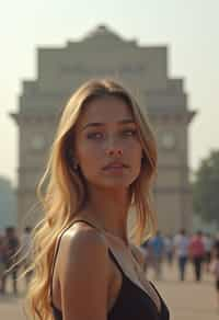 woman in Delhi with the India Gate in the background