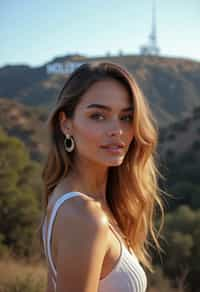 woman in Los Angeles with the Hollywood sign in the background