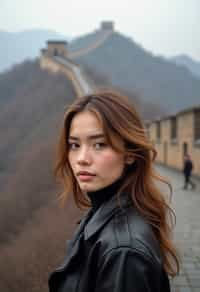 woman in Beijing with the Great Wall in the background