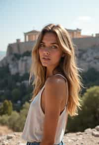 woman in Athens with the Acropolis in the background