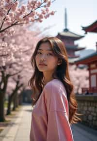 woman in Japan with Japanese Cherry Blossom Trees and Japanese temples in background