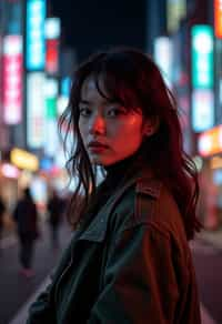 woman in Tokyo at night with neon lights