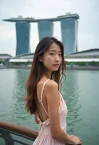 woman in Singapore with Marina Bay Sands in background