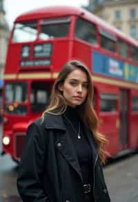 woman in London with Double Decker Bus in background