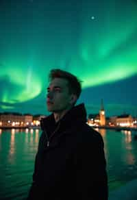 man in Reykjavik with the Northern Lights in the background