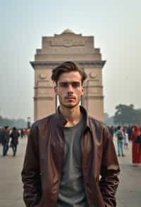 man in Delhi with the India Gate in the background