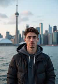 man in Toronto with the CN Tower in the background