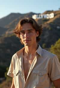 man in Los Angeles with the Hollywood sign in the background