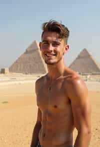 man in Cairo with the Pyramids of Giza in the background