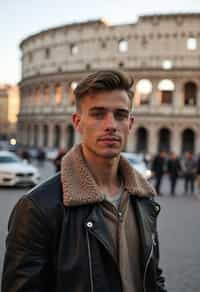 man in Rome with the Colosseum in the background