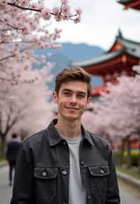 man in Japan with Japanese Cherry Blossom Trees and Japanese temples in background