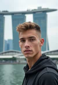 man in Singapore with Marina Bay Sands in background