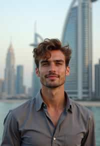 man in Dubai with skyline in background