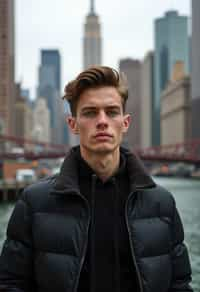 man in New York City with Manhattan in background