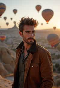 Breathtakingly man with hot air balloons in the background in cappadocia, Türkiye. Cappadocia, Turkey