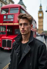 man in London with Double Decker Bus in background