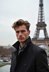 man in Paris with the Eiffel Tower in background