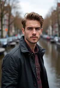 man in Amsterdam with the Amsterdam Canals in background