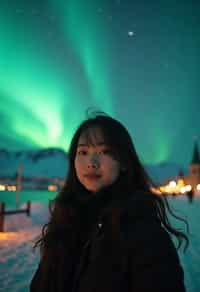 woman in Reykjavik with the Northern Lights in the background