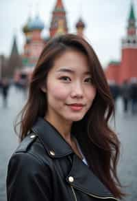 woman in Moscow with the Kremlin in the background