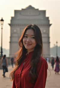 woman in Delhi with the India Gate in the background