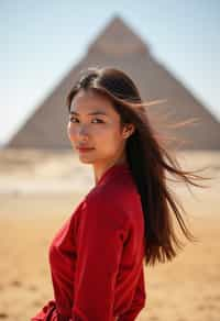 woman in Cairo with the Pyramids of Giza in the background