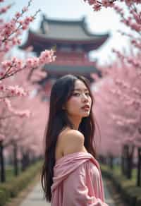 woman in Japan with Japanese Cherry Blossom Trees and Japanese temples in background