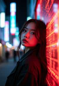 woman in Tokyo at night with neon lights