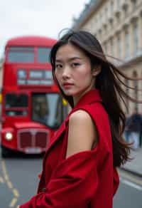 woman in London with Double Decker Bus in background