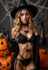 woman wearing (naughty halloween) (sexy halloween costume) (lingerie) (halloween outfit), spooky outfit posing for photo, background is halloween pumpkins and spiderwebs