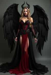 a woman dressed as an angel poses for a picture, dark angel, angel knight gothic girl, dark gothic dress, very sexy devil outfit, full body devil woman, gothic woman dressed in black and red, megan fox witch queen, raven winged female vampire, villainess has black angel wings, gothic outfit, tall female angel, gothic dress, fallen angel, winged woman angel, fishnet stockings