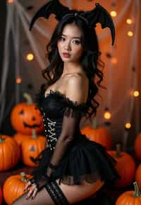 woman wearing (naughty halloween) (sexy halloween costume) (stockings) (halloween outfit), spooky outfit posing for photo, background is halloween pumpkins and spiderwebs